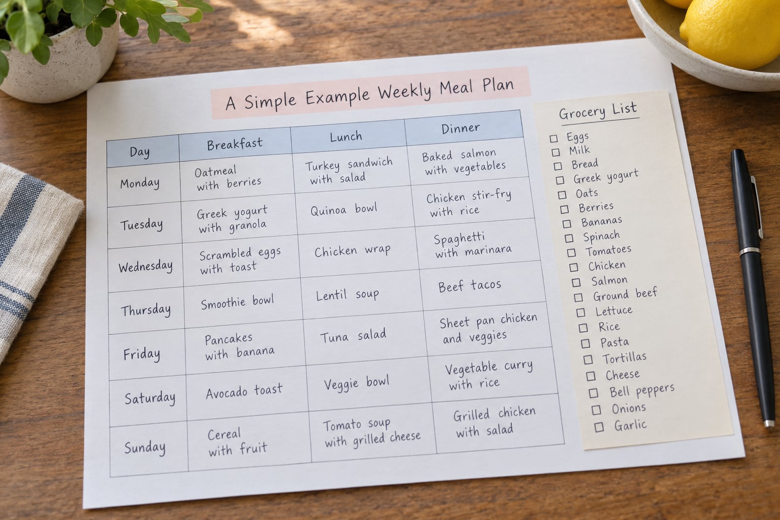 A Simple Example Weekly Meal Plan