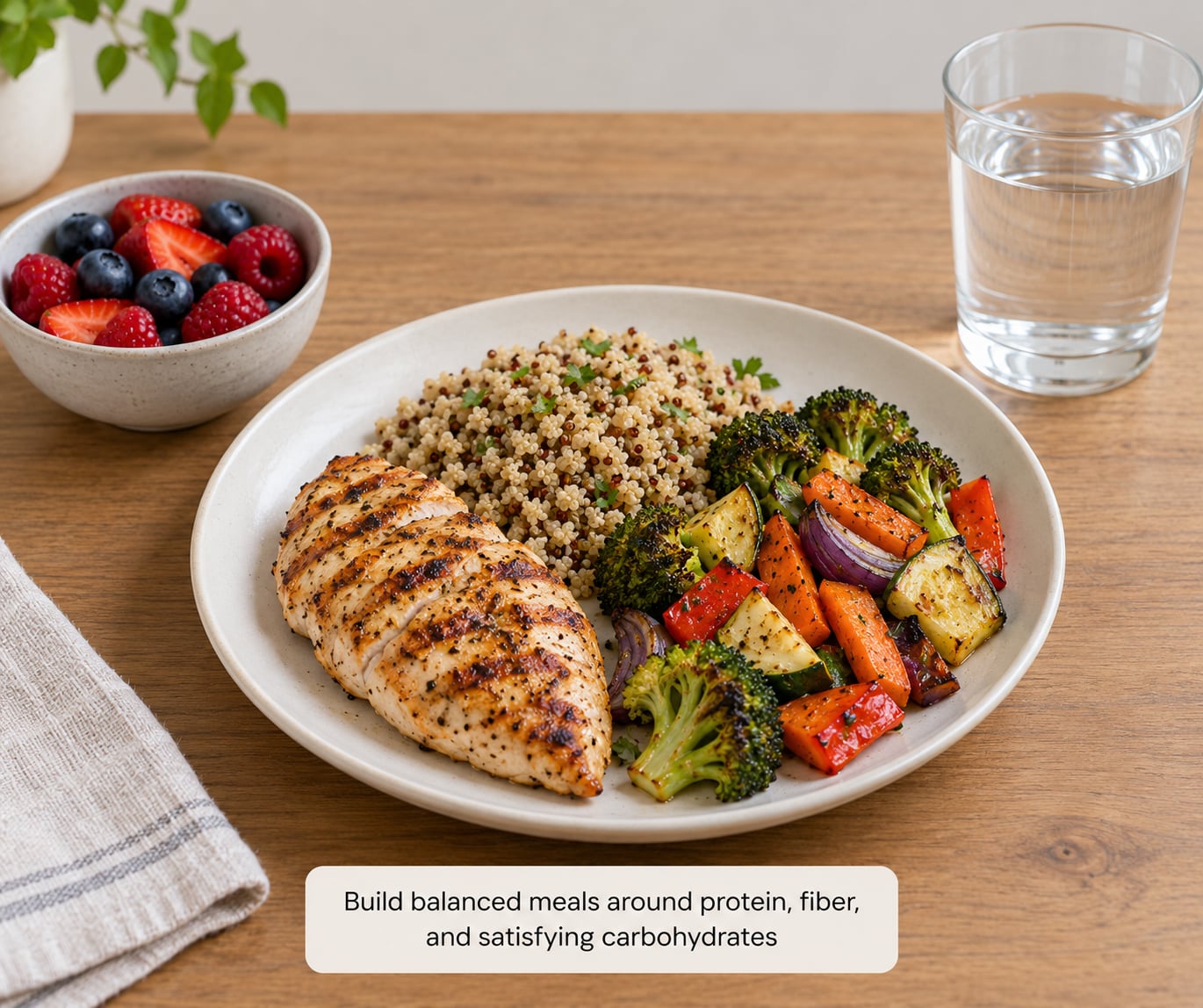 Build balanced meals around protein, fiber, and satisfying carbohydrates