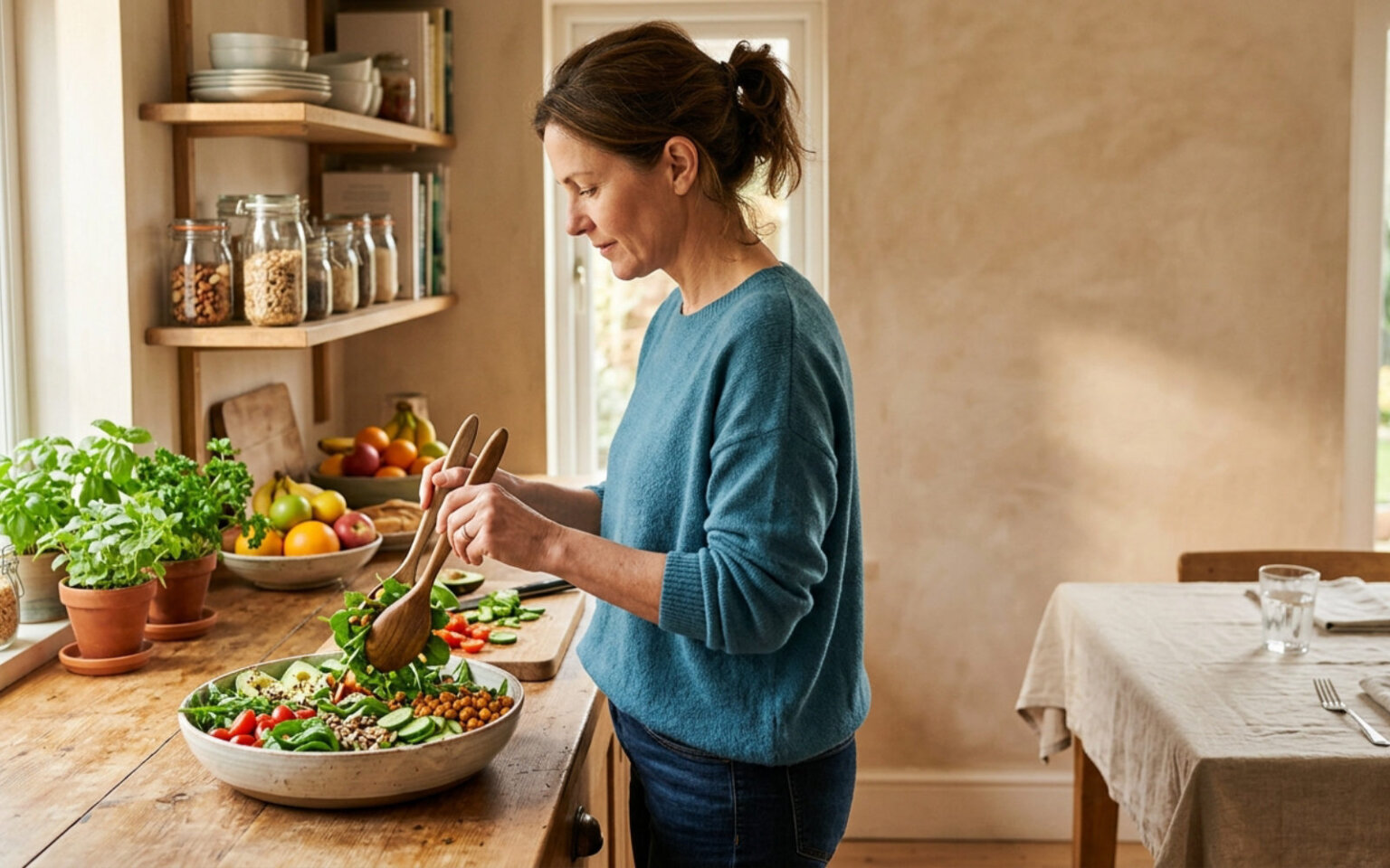 Fresh vegetables and prepped meals on a kitchen counter in daylight